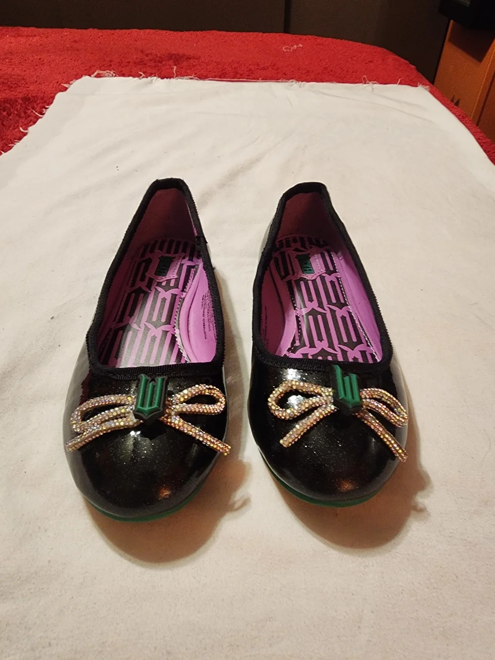 Wicked themed Black Glitter Bow Ballet Flats with Green Trim girls size 12